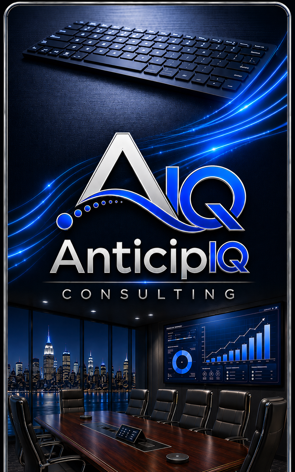 AnticipIQ Consulting technology services visual with keyboard, executive boardroom and analytics display